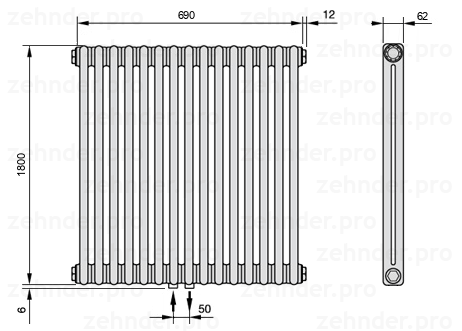 Схема (чертеж) Радиатор Zehnder Charleston 2180/15 №3470 Technoline TL